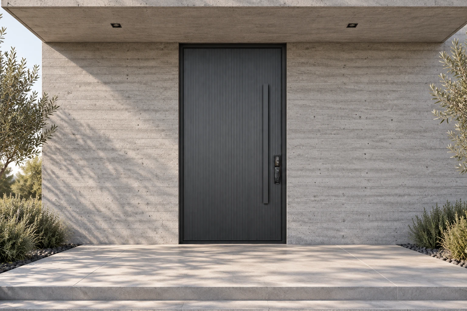 Fluted charcoal door in an AI architectural setting