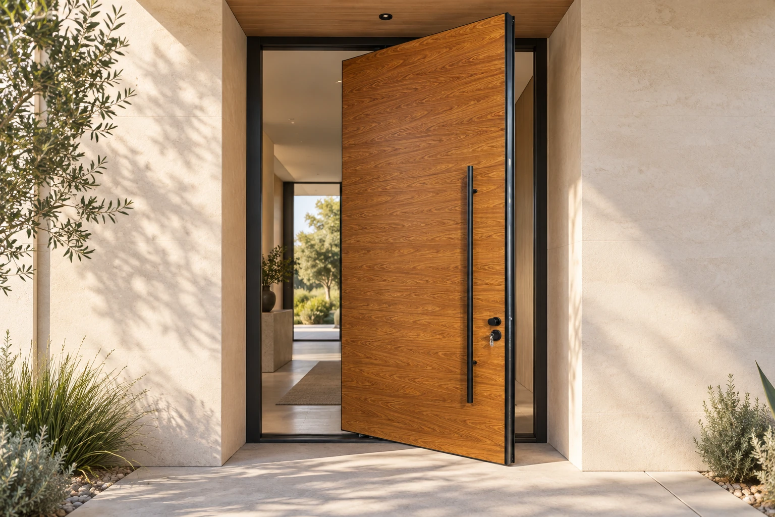 Warm wood-grain door in an AI architectural setting