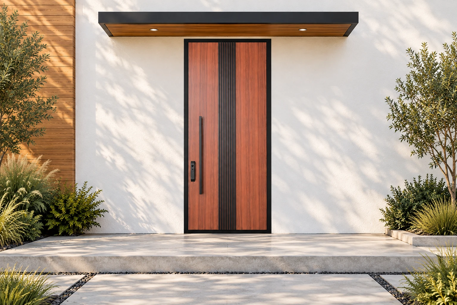 Wood-grain door with a central ribbed band in a spacious timber and plaster entrance