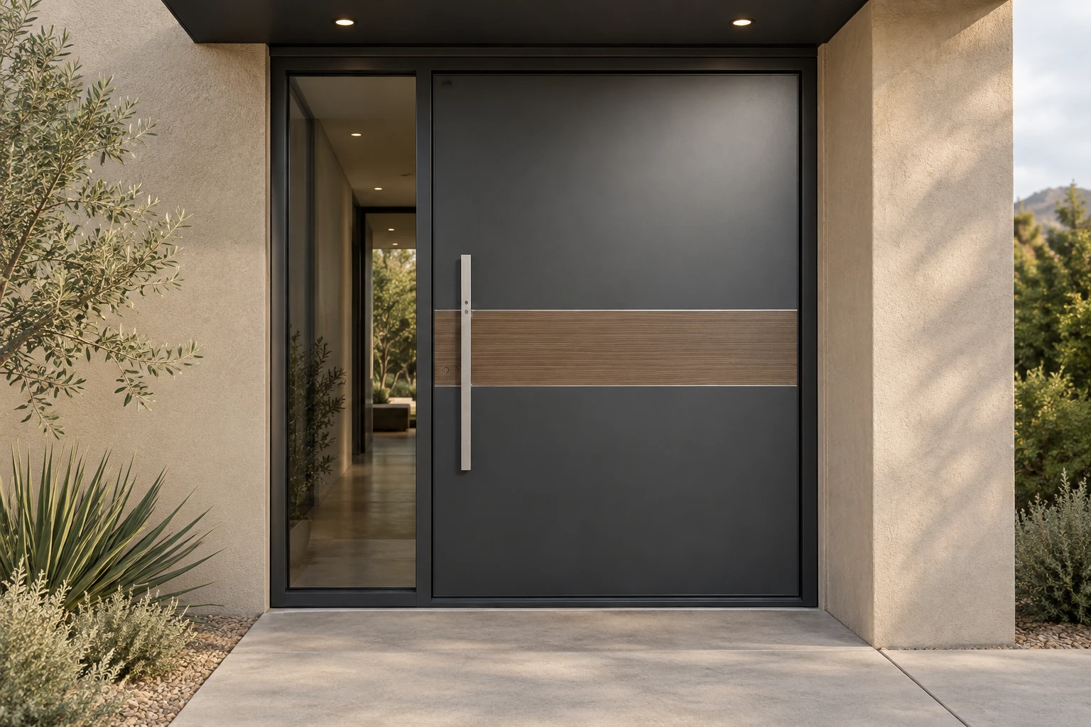 Graphite pivot door with a warm horizontal accent and one sidelight