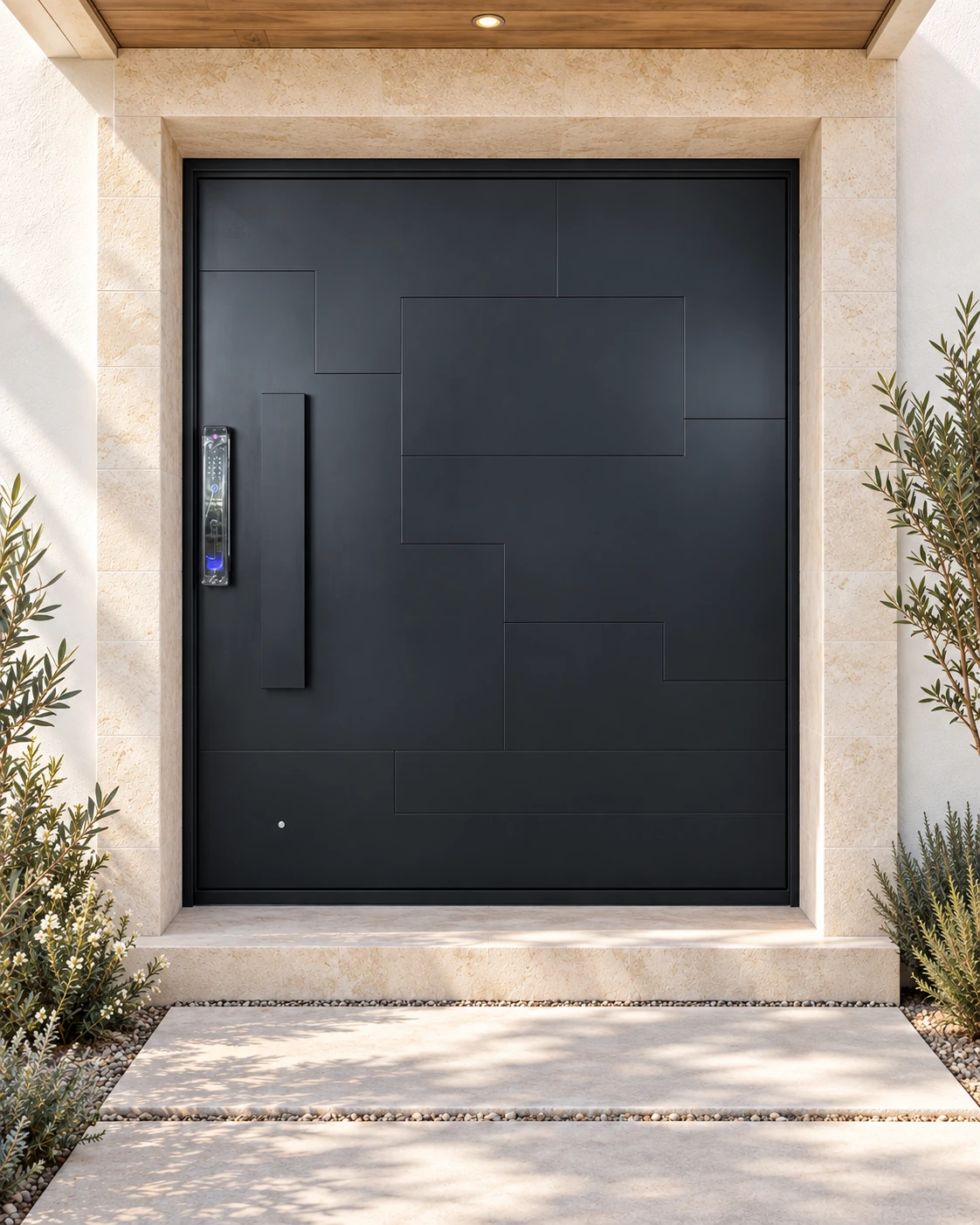 Black geometric-groove door with its separate lock and pull in a finished entrance