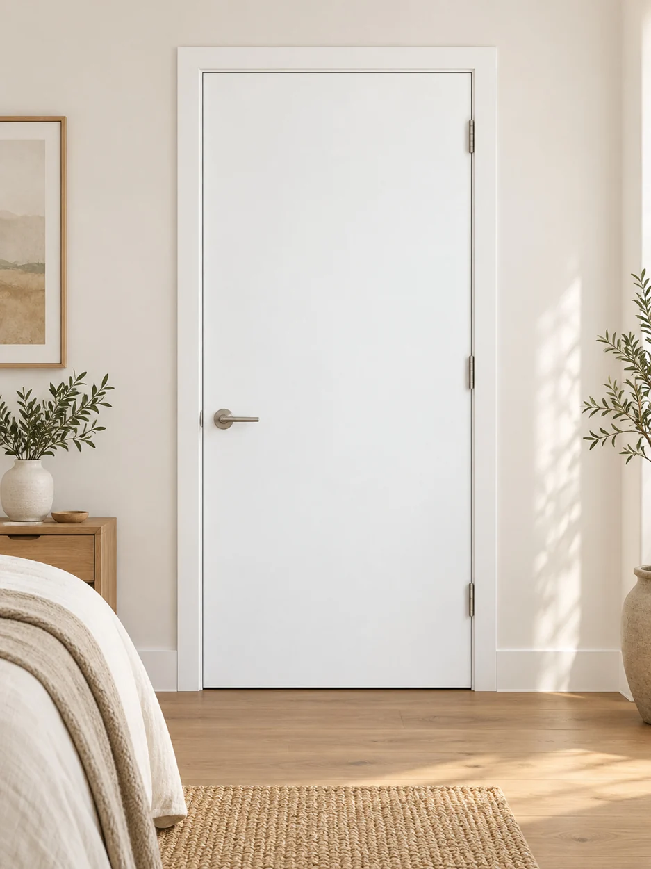 Plain white interior door in an illustrative room setting