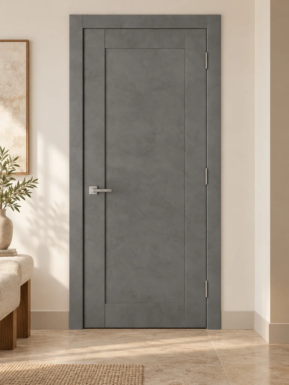 Grey panel interior door in an illustrative room setting