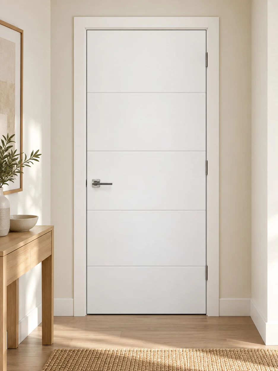 Horizontal lines interior door in an illustrative room setting