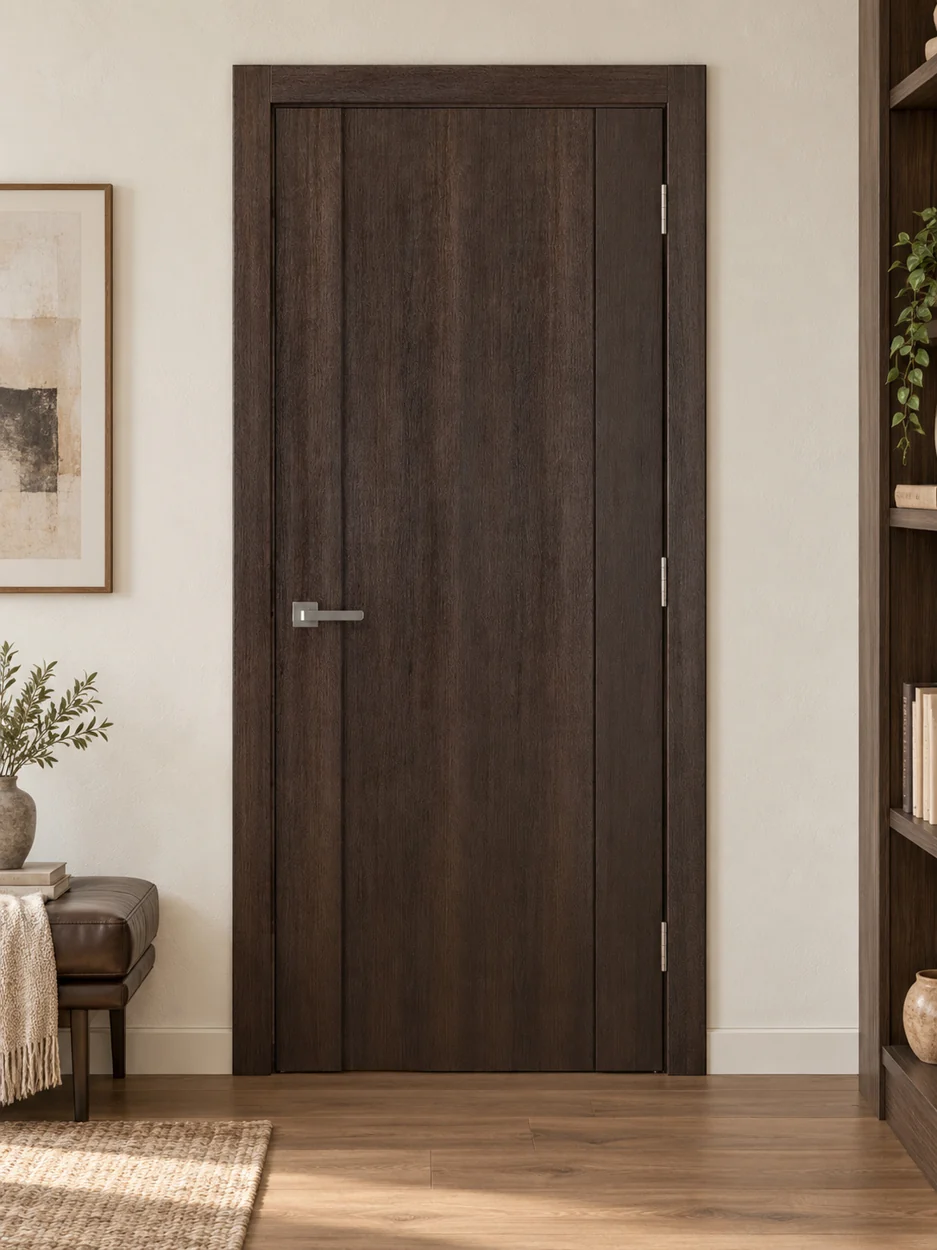 Simple woodgrain interior door in an illustrative room setting