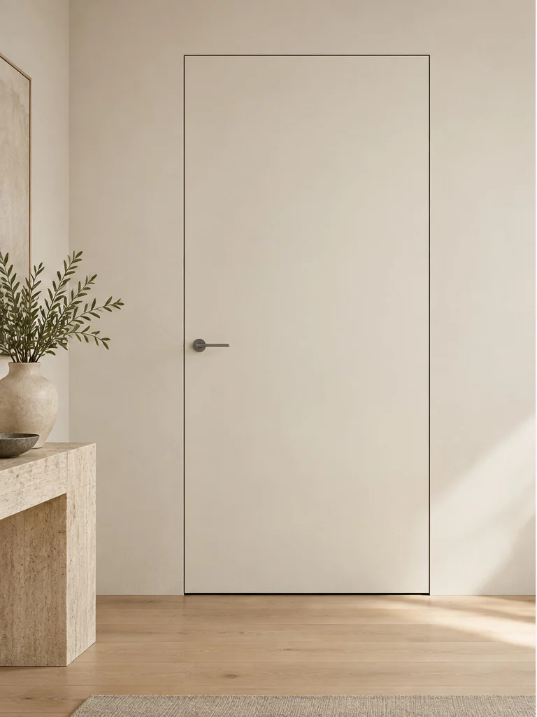 Wall-flush interior door in an illustrative room setting