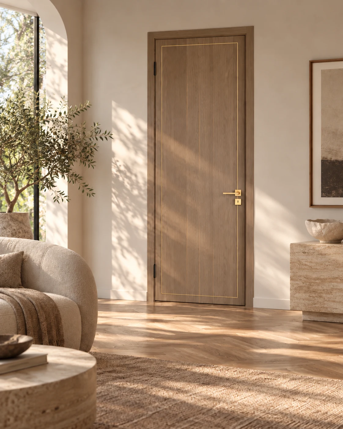 Taupe wood-tone interior door with a fine brass-tone outline, shown in a sunlit room