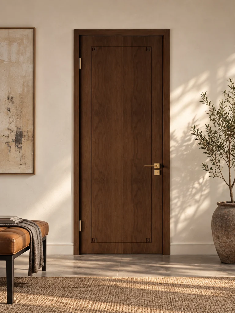 Walnut outline interior door in an illustrative room setting