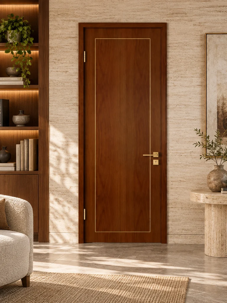 Warm inlay interior door in an illustrative room setting