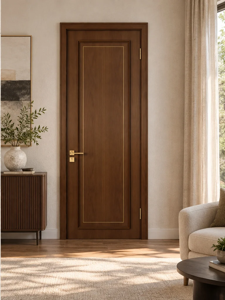 Framed walnut interior door in an illustrative room setting