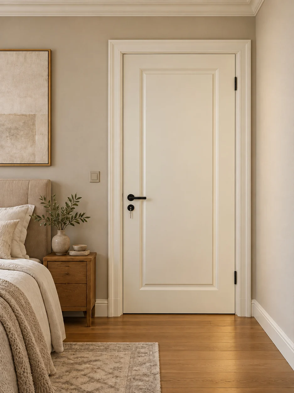 Classic single panel interior door in an illustrative room setting