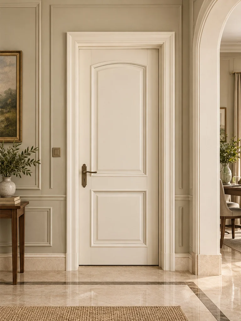 Soft arch panel interior door in an illustrative room setting