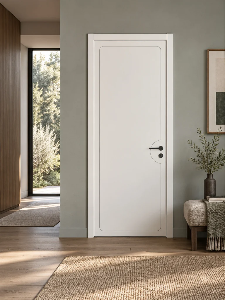 Curved contour interior door in an illustrative room setting