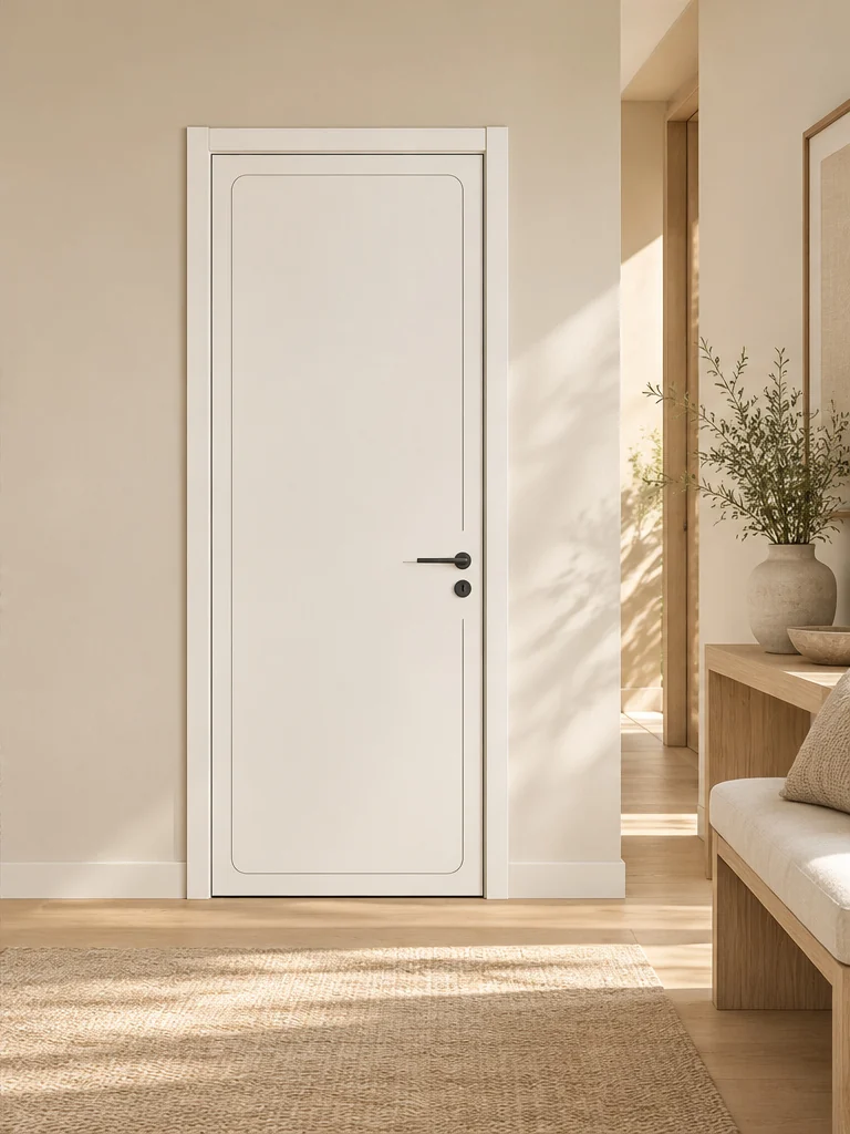 Quiet contour interior door in an illustrative room setting