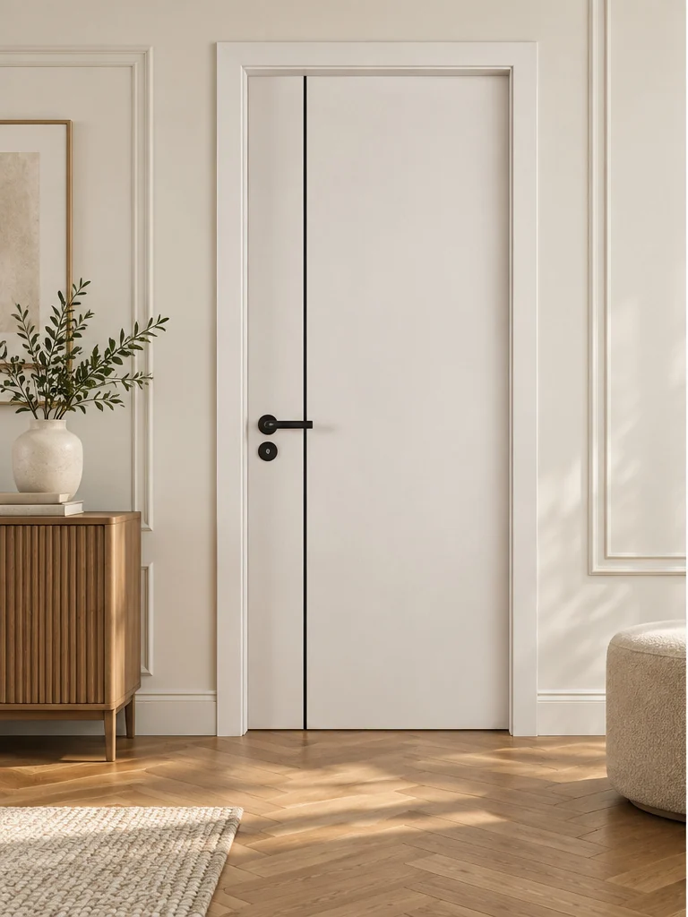 Linear accent interior door in an illustrative room setting