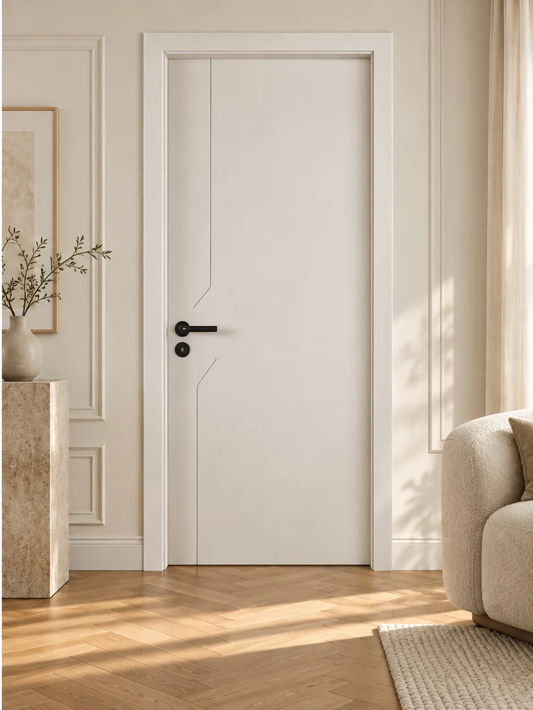 Angled detail interior door in an illustrative room setting