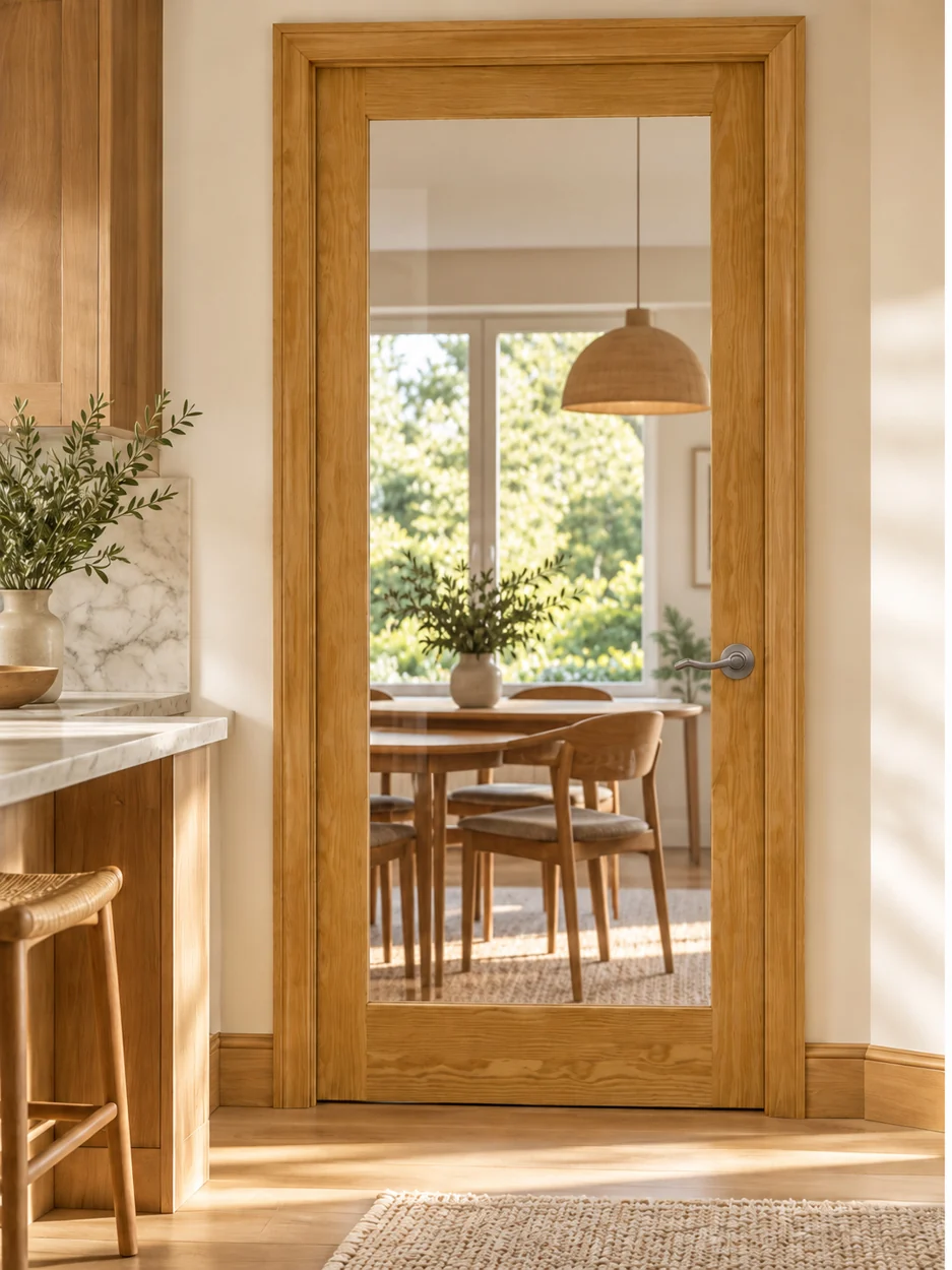 Clear glass interior door in an illustrative room setting