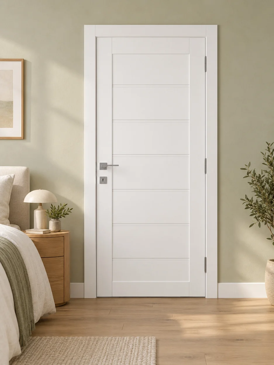 White lined panel interior door in an illustrative room setting