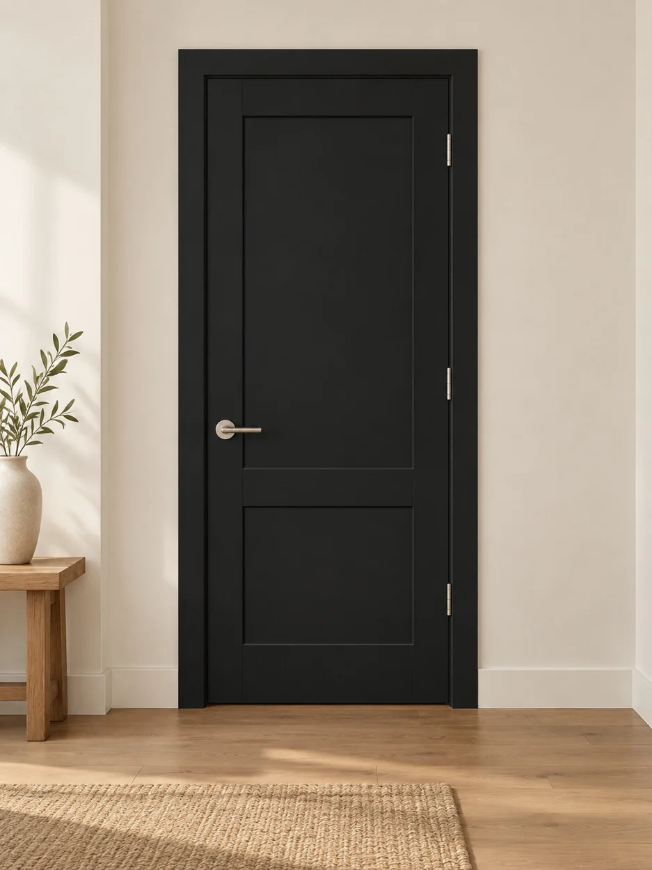 Black two-panel interior door in an illustrative room setting